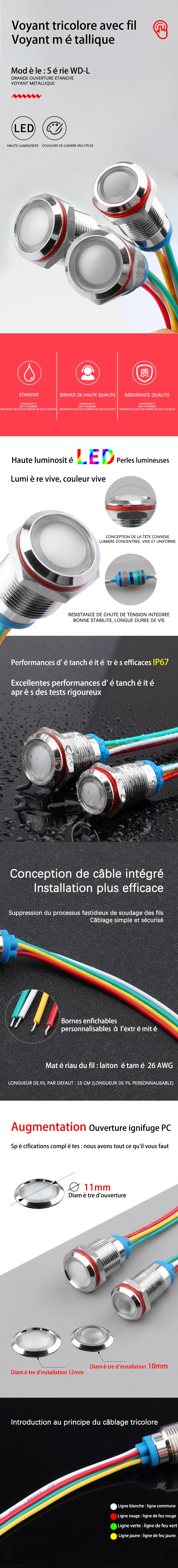 Voyant lumineux métallique tricolore à quatre fils série WD10/12L