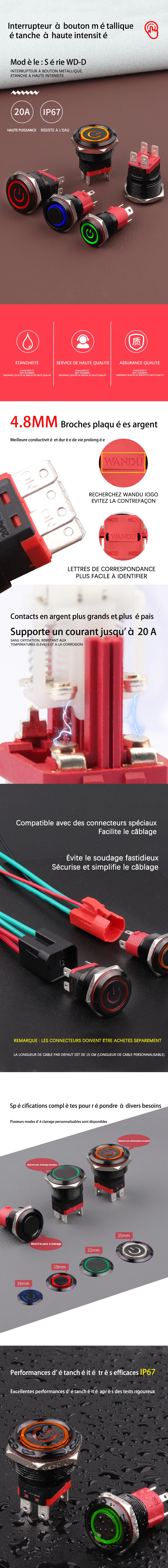 Bouton métallique à courant élevé en oxyde noir série WD-D
