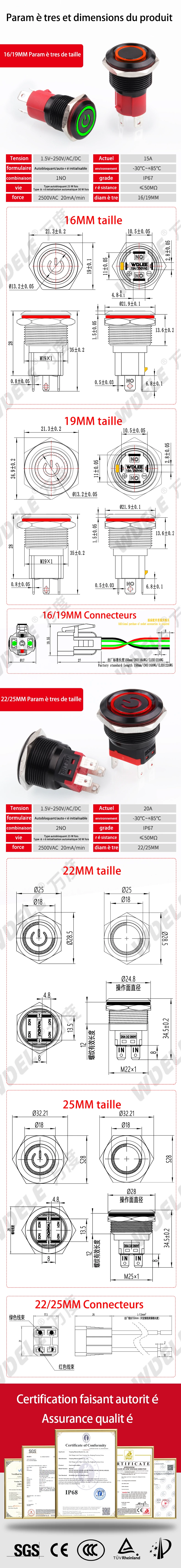 Bouton métallique à courant élevé en oxyde noir série WD-D