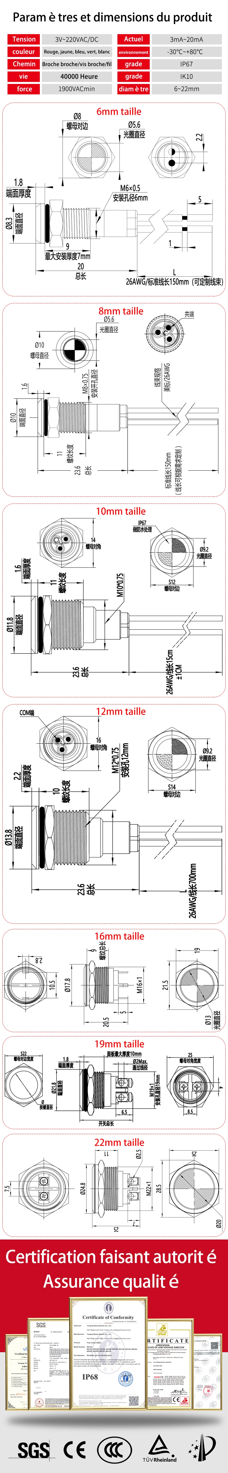 Voyants lumineux métalliques de la série WD-L